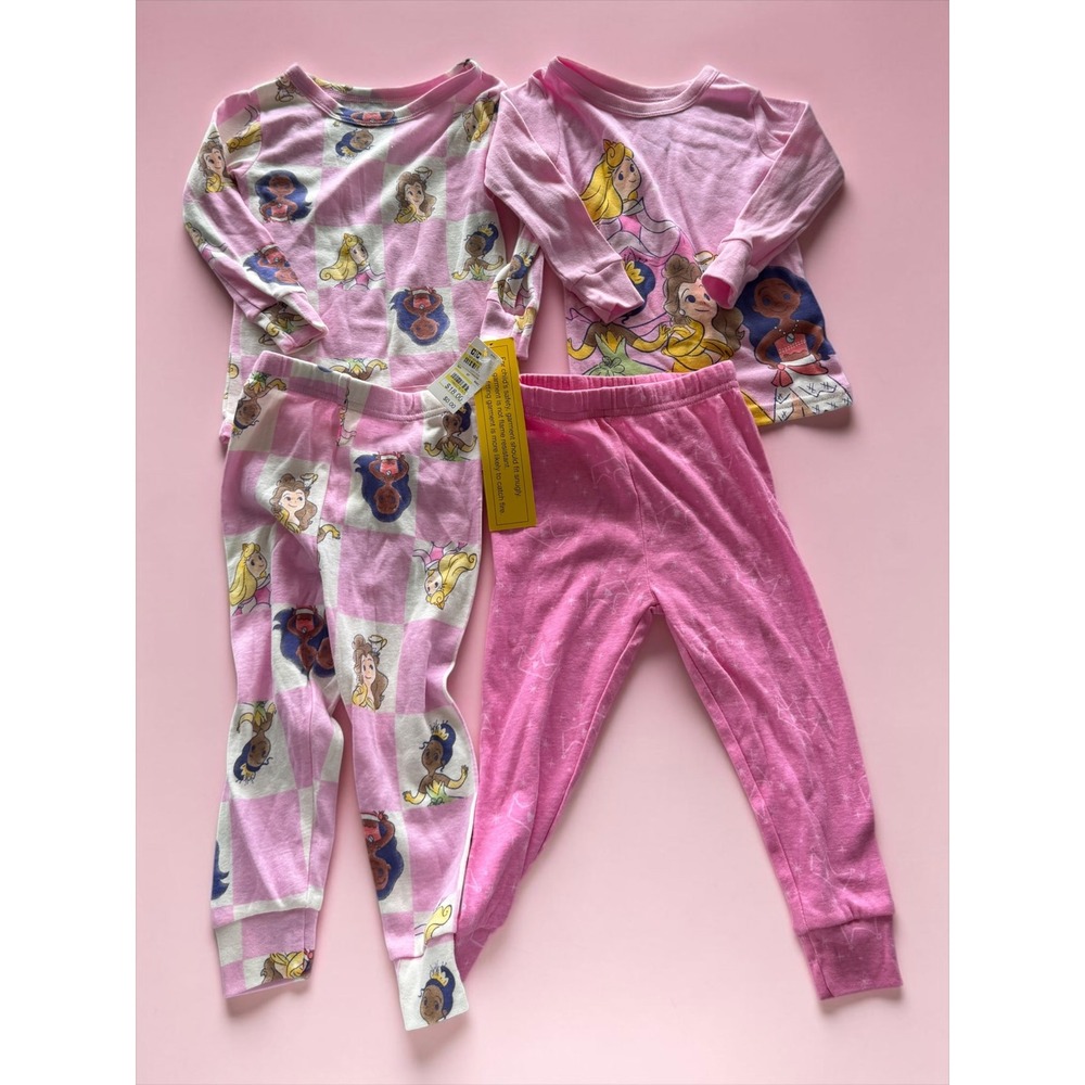 Disney Princess Pajama Set 4pc Pink Belle Tiana Aurora Girls 2T New